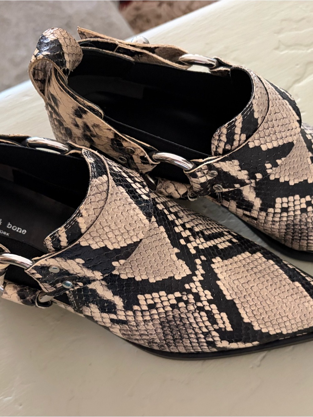 rag & bone Black and Beige Snake-Print Mule Loafers with Silver Rings
